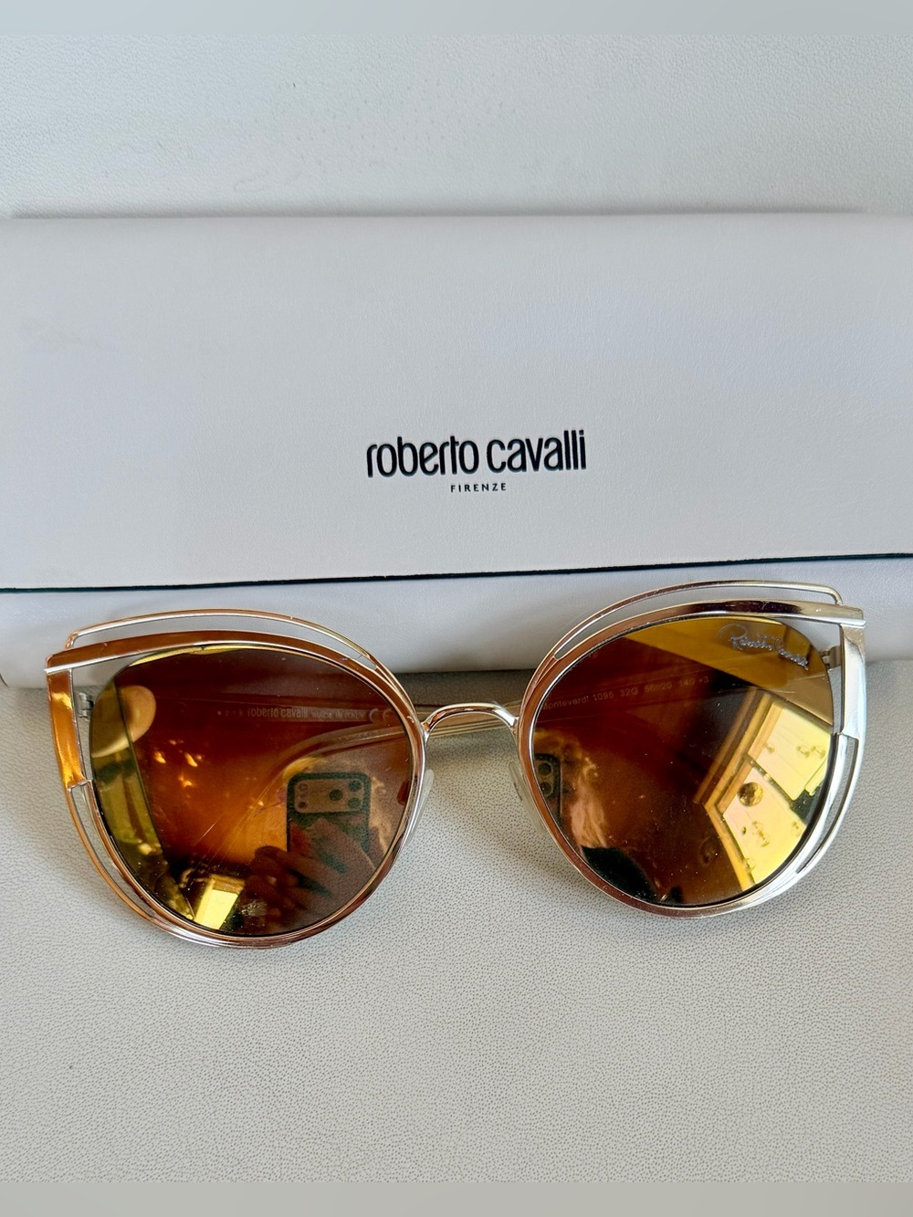 ROBERTO CAVALLI Monteverdi RC1095 32G Gold Mirrored Sunglasses 56-20-140 Cat Eye